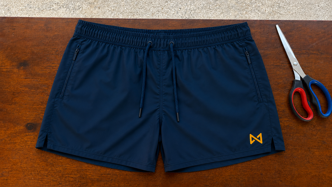 Swim trunks with the mesh netting liner partially cut away, scissors beside them