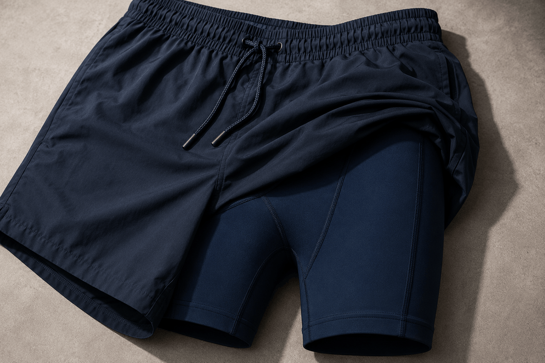 Swim trunks with a soft compression liner shown inside out next to scratchy mesh netting