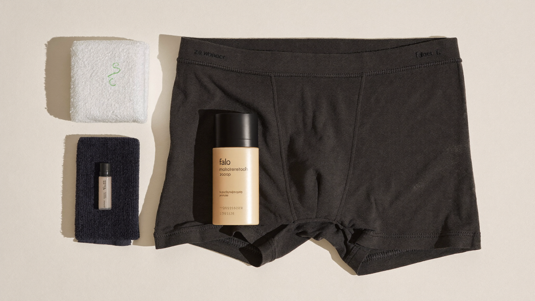 Anti butt sweat kit with wicking boxer briefs, talc-free powder, towel and antiperspirant