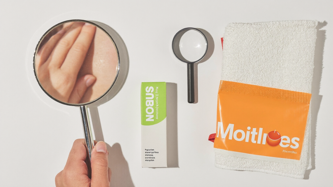 Hand mirror, magnifying glass, mild soap and towel arranged for a skin self-check