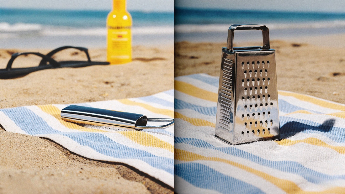 Mesh netting inside swim trunks compared to a cheese grater, illustrating why it chafes